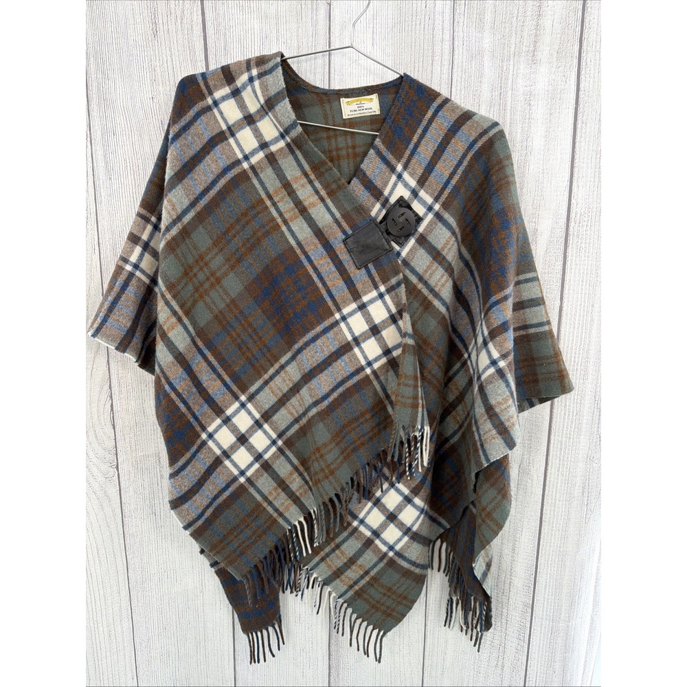 James Pringle Weavers Cape Poncho Brown Wool Check Plaid Vintage Fringed Edges